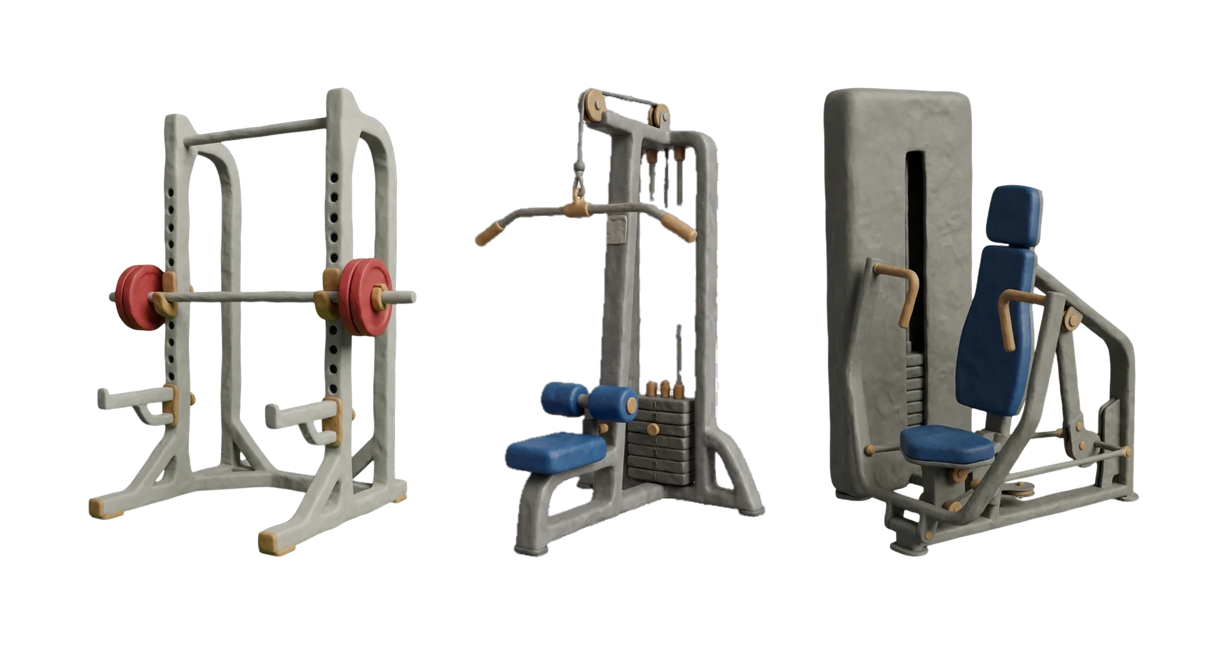 Clay illustration of a power rack, a lat pulldown machine and a chest press machine