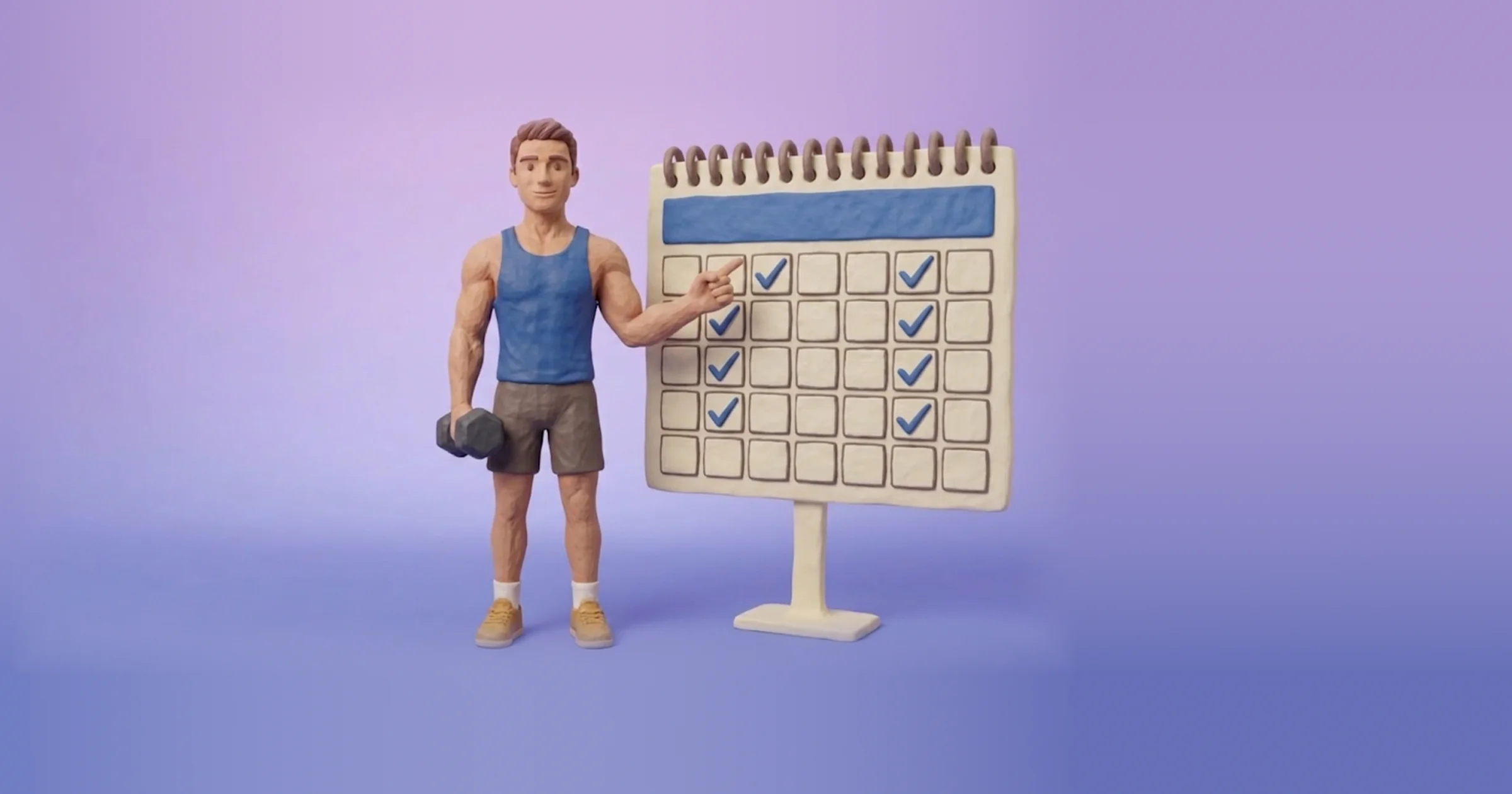 Clay figure holding a dumbbell and pointing at a month calendar with two days checked off each week