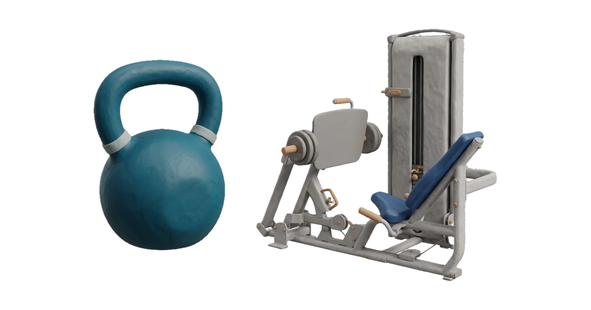 Clay illustration of a kettlebell beside a leg press machine